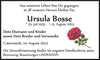 Traueranzeige von Ursula Bosse  von Magdeburger Volksstimme