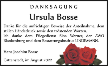 Traueranzeige von Ursula Bosse  von Magdeburger Volksstimme
