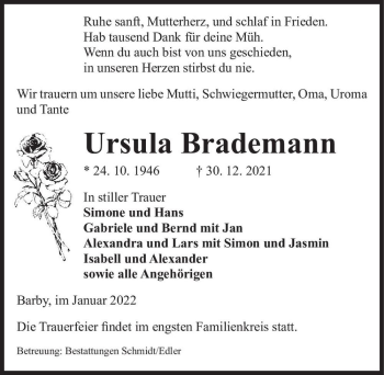 Traueranzeige von Ursula Brademann  von Magdeburger Volksstimme