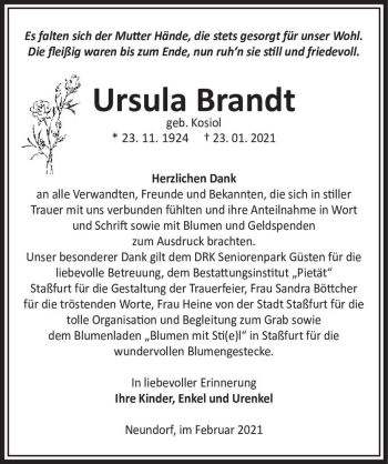 Traueranzeige von Ursula Brandt (geb. Kosiol)  von Magdeburger Volksstimme