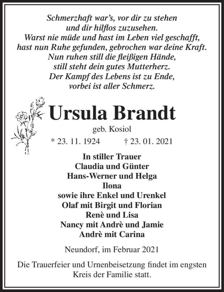  Traueranzeige für Ursula Brandt (geb. Kosiol)  vom 30.01.2021 aus Magdeburger Volksstimme