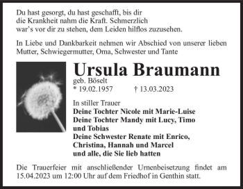 Traueranzeige von Ursula Braumann (geb. Böselt)  von Magdeburger Volksstimme