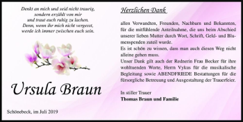 Traueranzeige von Ursula Braun  von Magdeburger Volksstimme