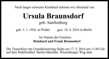 Traueranzeige von Ursula Braunsdorf (geb. Sanftenberg)  von Magdeburger Volksstimme