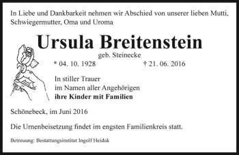 Traueranzeige von Ursula Breitenstein (geb. Steinecke)  von Magdeburger Volksstimme