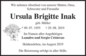 Traueranzeige von Ursula Brigitte Inak (geb. Müller)  von Magdeburger Volksstimme