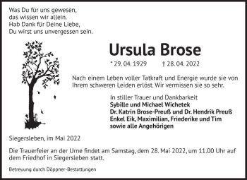 Traueranzeige von Ursula Brose  von Magdeburger Volksstimme