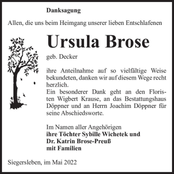 Traueranzeige von Ursula Brose (geb. Decker)  von Magdeburger Volksstimme