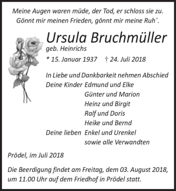Traueranzeige von Ursula Bruchmüller (geb. Heinrichs)  von Magdeburger Volksstimme