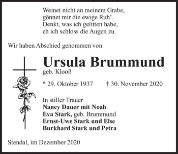 Traueranzeige von Ursula Brummund (geb. Klooß)  von Magdeburger Volksstimme