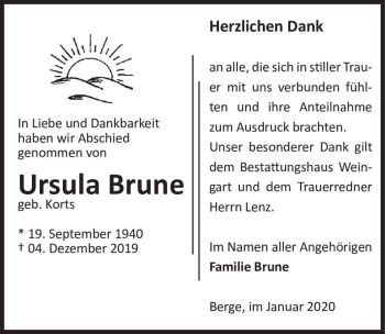 Traueranzeige von Ursula Brune (geb. Korts)  von Magdeburger Volksstimme