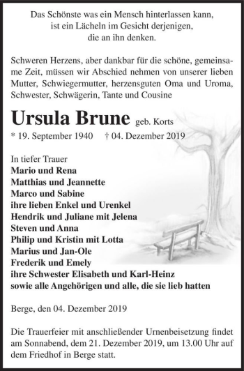 Traueranzeige von Ursula Brune (geb. Korts)  von Magdeburger Volksstimme