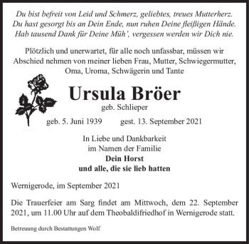 Traueranzeige von Ursula Bröer (geb. Schlieper)  von Magdeburger Volksstimme