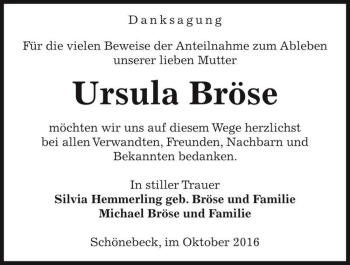 Traueranzeige von Ursula Bröse  von Magdeburger Volksstimme