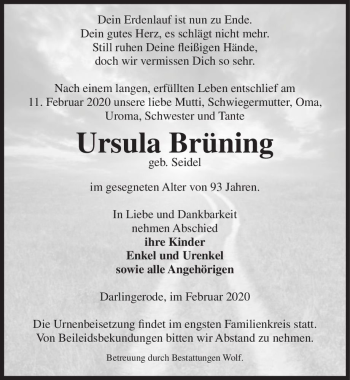 Traueranzeige von Ursula Brüning (geb. Seidel)  von Magdeburger Volksstimme