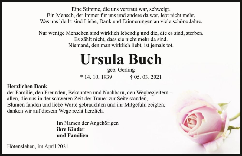 Traueranzeige für Ursula Buch (geb. Gerling)  vom 09.04.2021 aus Magdeburger Volksstimme