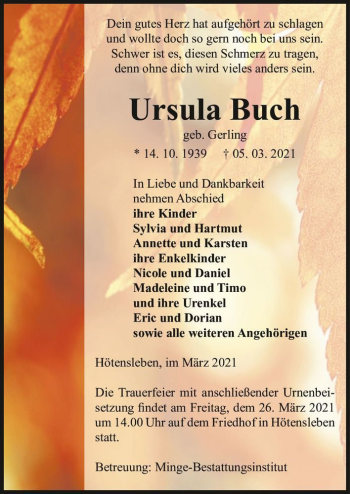 Traueranzeige von Ursula Buch (geb. Gerling)  von Magdeburger Volksstimme