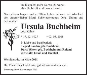 Traueranzeige von Ursula Buchheim (geb. Kühne)  von Magdeburger Volksstimme