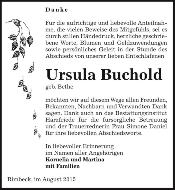 Traueranzeige von Ursula Buchold (geb. Bethe)  von Magdeburger Volksstimme