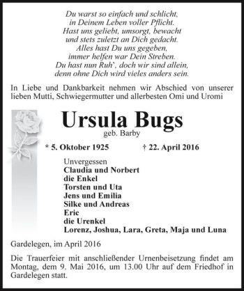 Traueranzeige von Ursula Bugs (geb. Barby)  von Magdeburger Volksstimme