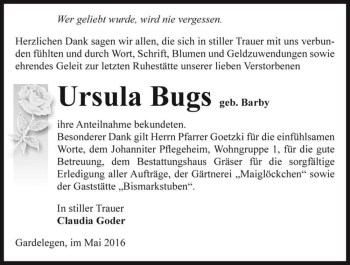 Traueranzeige von Ursula Bugs (geb. Barby)  von Magdeburger Volksstimme