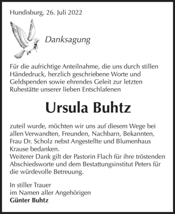Traueranzeige von Ursula Buhtz  von Magdeburger Volksstimme