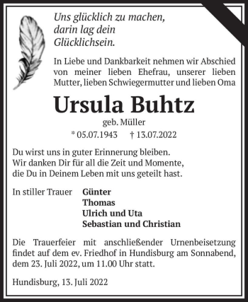 Traueranzeige von Ursula Buhtz (geb. Müller)  von Magdeburger Volksstimme
