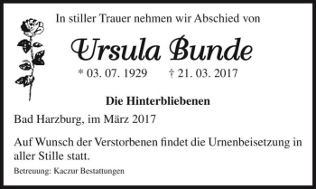 Traueranzeige von Ursula Bunde  von Magdeburger Volksstimme