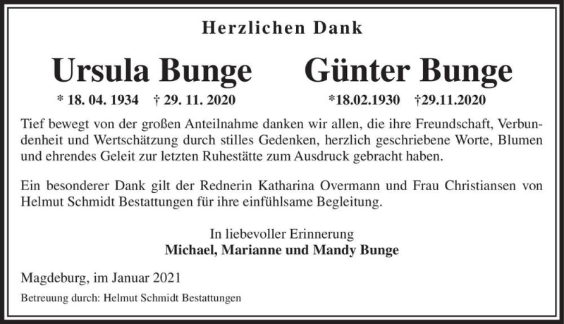  Traueranzeige für Ursula Bunge, Günter Bunge  vom 02.01.2021 aus Magdeburger Volksstimme