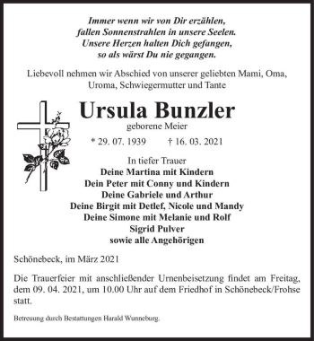 Traueranzeige von Ursula Bunzler (geb. Meier)  von Magdeburger Volksstimme