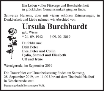 Traueranzeige von Ursula Burchhardt (geb. Wiese)  von Magdeburger Volksstimme