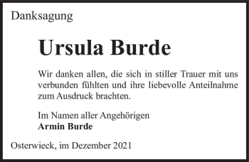 Traueranzeige von Ursula Burde  von Magdeburger Volksstimme