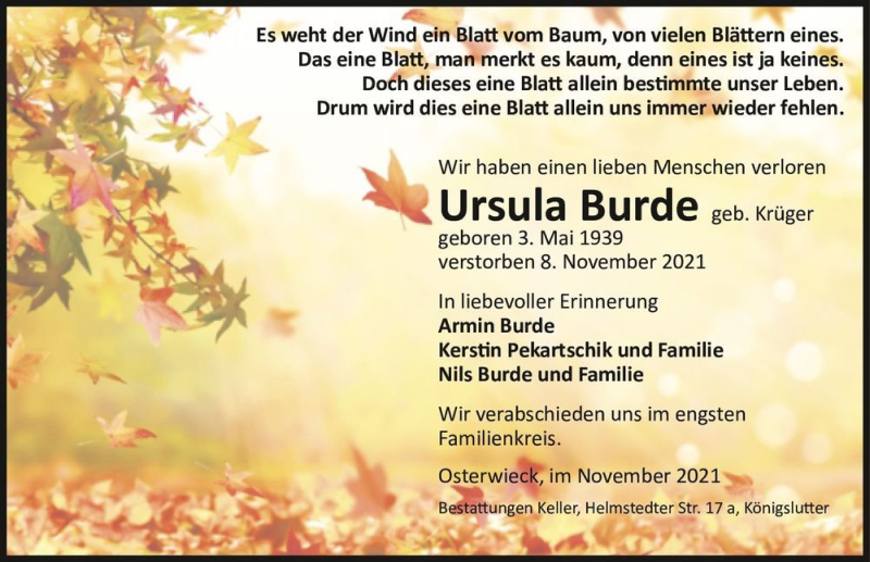  Traueranzeige für Ursula Burde (geb. Krüger)  vom 20.11.2021 aus Magdeburger Volksstimme