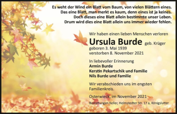 Traueranzeige von Ursula Burde (geb. Krüger)  von Magdeburger Volksstimme