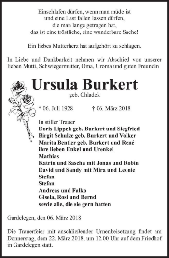 Traueranzeige von Ursula Burkert (geb. Chlade)  von Magdeburger Volksstimme