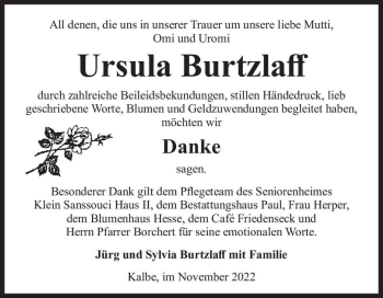 Traueranzeige von Ursula Burtzlaff  von Magdeburger Volksstimme