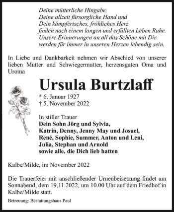Traueranzeige von Ursula Burtzlaff  von Magdeburger Volksstimme