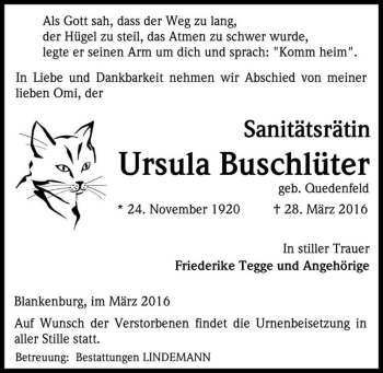 Traueranzeige von Ursula Buschlüter ( geb. Quedenfeld)  von Magdeburger Volksstimme