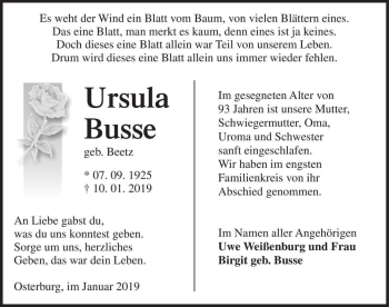 Traueranzeige von Ursula Busse (geb. Beetz)  von Magdeburger Volksstimme