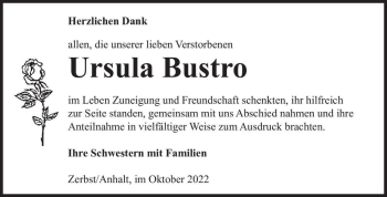 Traueranzeige von Ursula Bustro  von Magdeburger Volksstimme