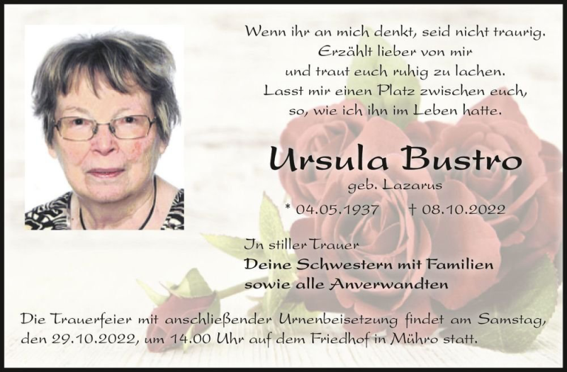  Traueranzeige für Ursula Bustro (geb. Lazarus)  vom 22.10.2022 aus Magdeburger Volksstimme