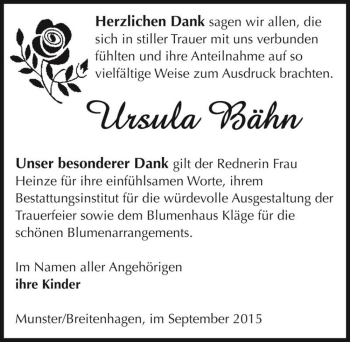 Traueranzeige von Ursula Bähn  von Magdeburger Volksstimme