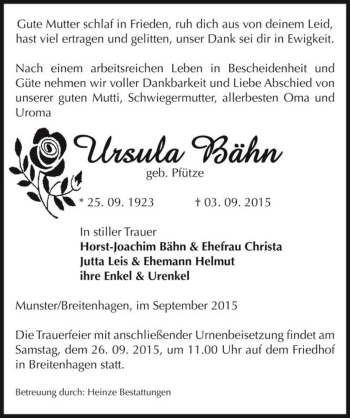 Traueranzeige von Ursula Bähn (geb. Pfütze)  von Magdeburger Volksstimme