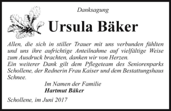 Traueranzeige von Ursula Bäker  von Magdeburger Volksstimme