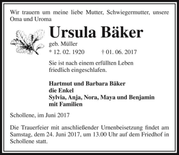 Traueranzeige von Ursula Bäker (geb. Müller)  von Magdeburger Volksstimme