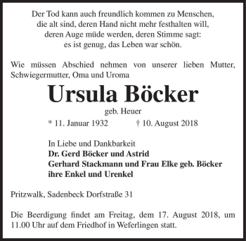 Traueranzeige von Ursula Böcker (geb. Heuer)  von Magdeburger Volksstimme