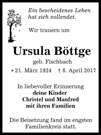 Traueranzeige von Ursula Böttge (geb. Fischbach)  von Magdeburger Volksstimme