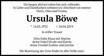 Traueranzeige von Ursula Böwe  von Magdeburger Volksstimme