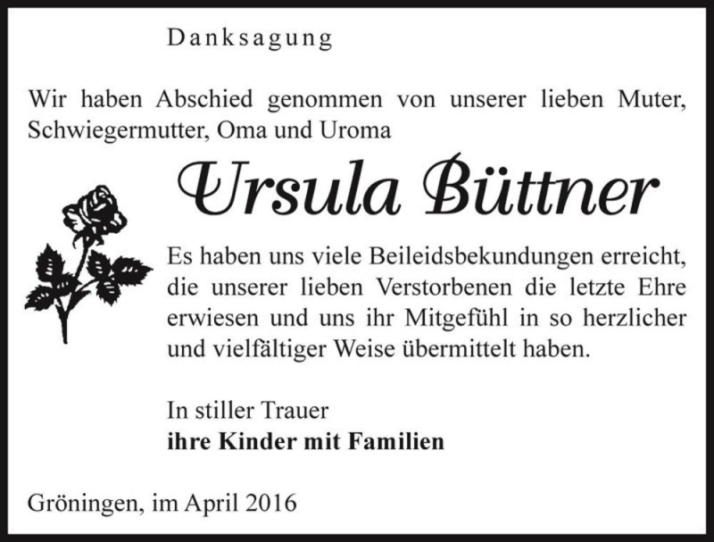  Traueranzeige für Ursula Büttner  vom 09.04.2016 aus Magdeburger Volksstimme