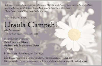 Traueranzeige von Ursula Campehl (geb. Neumann)  von Magdeburger Volksstimme